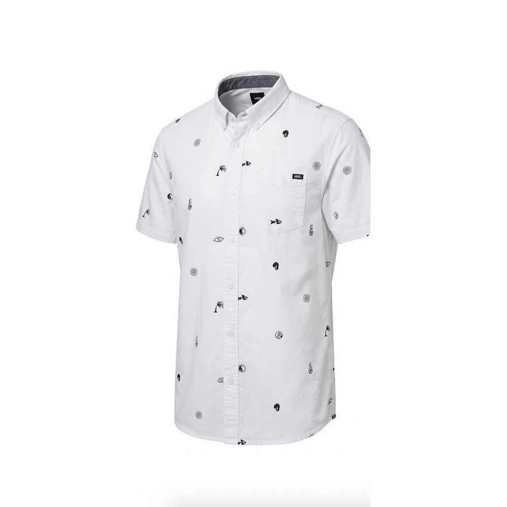 Vans Doodle Print Button Up Shirt Men L White Skater Surf Streetwear Skull